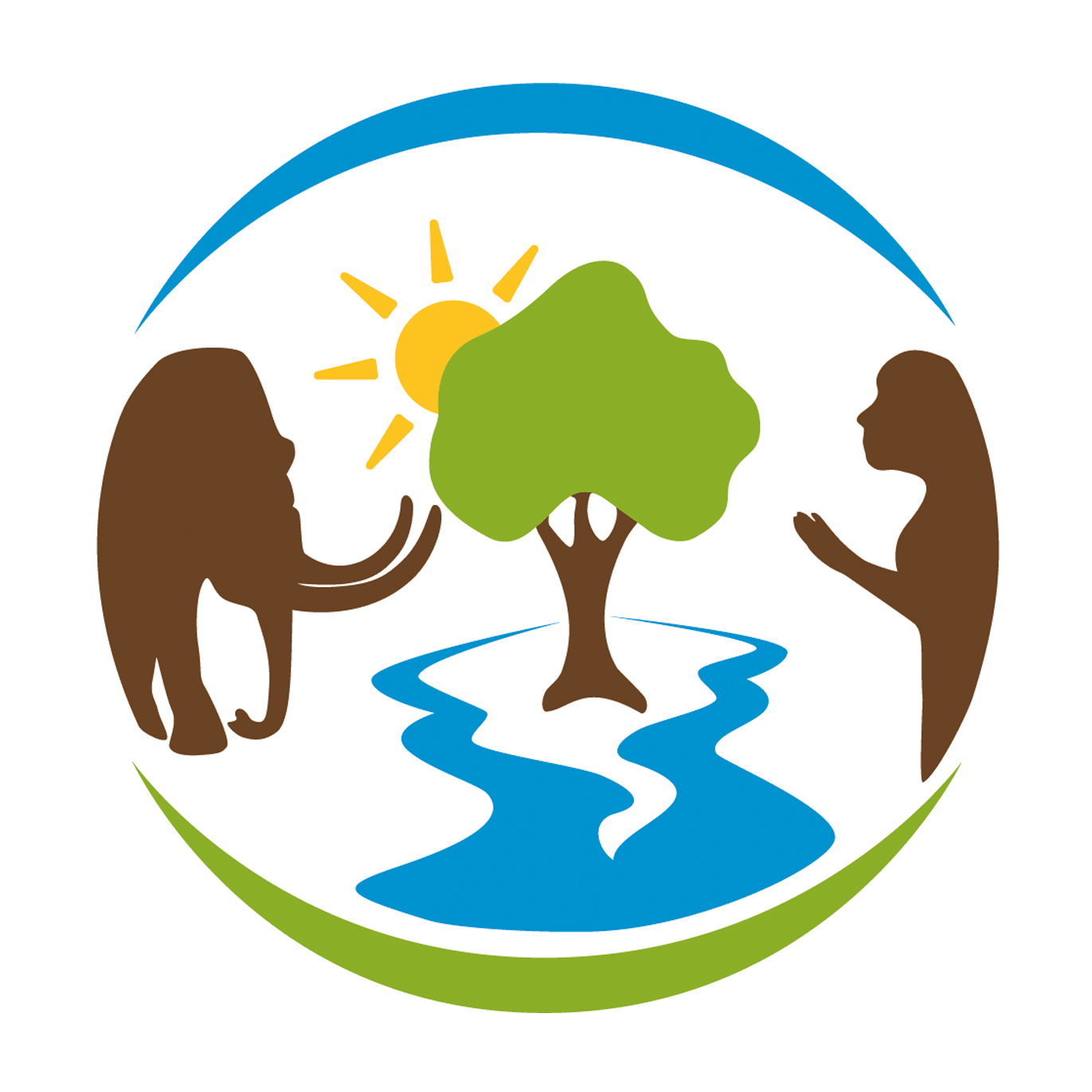 Klimaschutz-Logo der Stadt Steinheim mit Steppenelefant und Urmensch, in der Mitte ein Baum, eine Sonne und zwei Flüsse.
